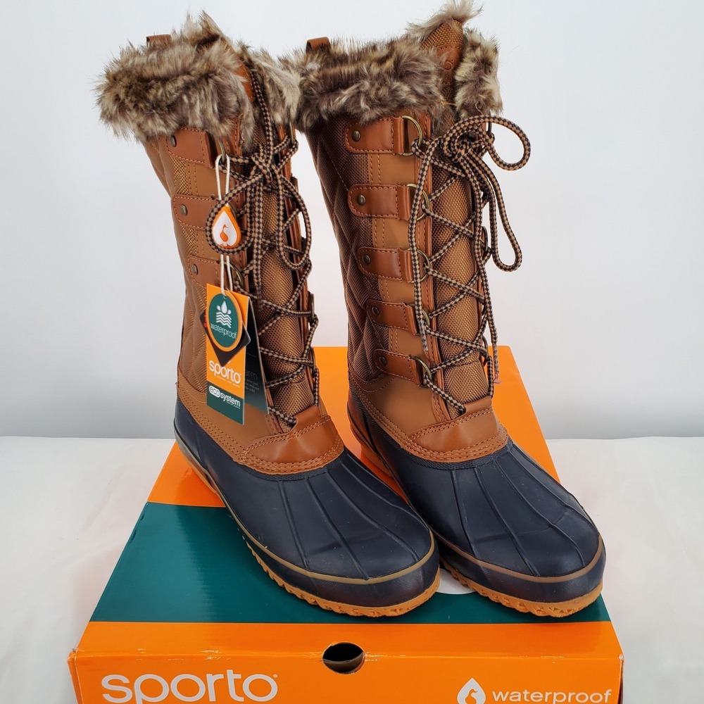 Sporto Deal Waterproof Duck Boots Women 9 M Tan Navy Faux Fur Trim Round Toe New